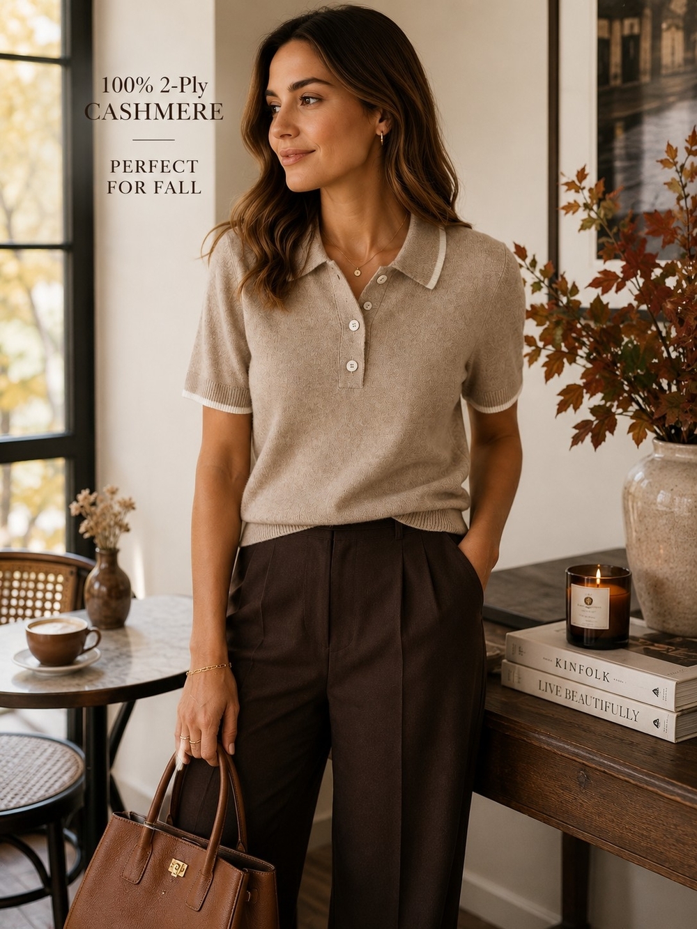 Tahari 100% 2-Ply Cashmere Polo Sweater Top Taupe Ivory M NWOT
